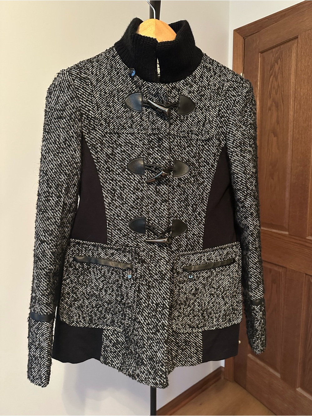 Kensie Black & White Toggle Tweed Pea Coat, Small